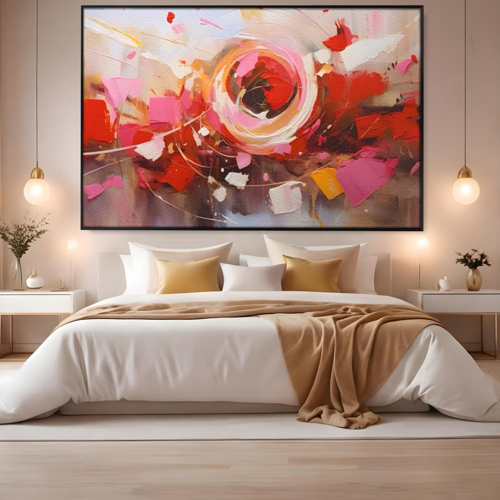 Tablou canvas cu tablou canvas cu floare abstracta si culori vibrante, in rama de aluminiu negru, pe perete intr-un dormitor
